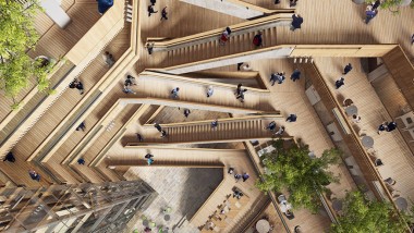 Yeni genel merkezinde kalbinde, etrafında üst katlara çıkan merdivenlerin ve asansörlerin yer aldığı bir iç avlu olan atriyum bulunmaktadır (©Foster&Partners) Yeni genel merkezinde kalbinde, etrafında üst katlara çıkan merdivenlerin ve asansörlerin yer aldığı bir iç avlu olan atriyum bulunmaktadır (©Foster&Partners)