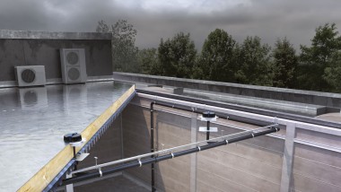 Pluvia çatı drenaj sistemi, nispeten az sayıda giriş elemanı ile üç kuleyi de tahliye edebilir (© Geberit) Pluvia çatı drenaj sistemi, nispeten az sayıda giriş elemanı ile üç kuleyi de tahliye edebilir (© Geberit)